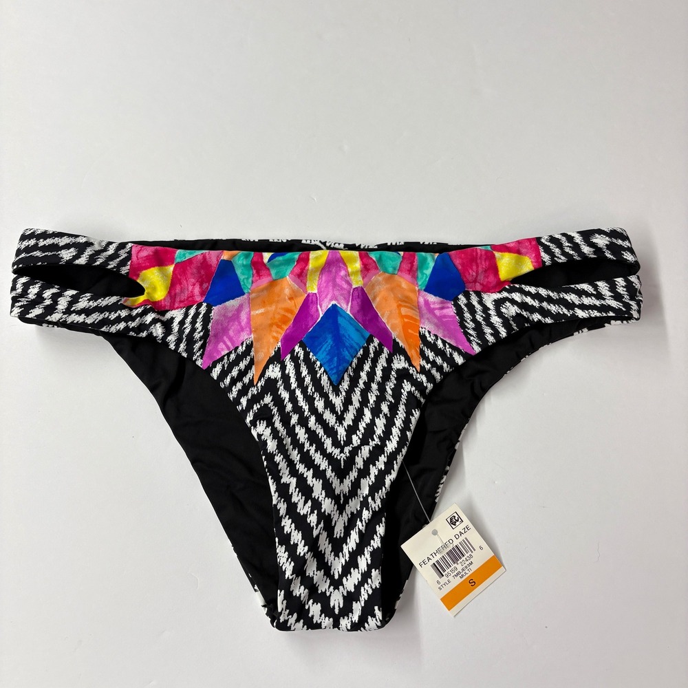 NWT Bar III Women Bikini Bottom S Multi Feathered Daze 7MBJE93M Cut Out Chevron